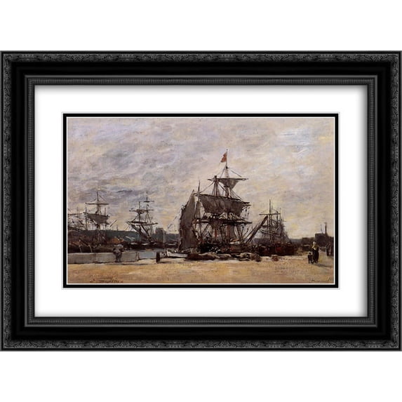 Eugene Boudin 2x Matted 24x18 Black Ornate Framed Art Print 'Deauville, Docked Boats'