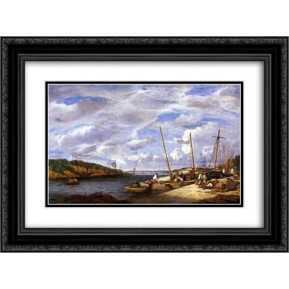 Eugene Boudin 2x Matted 24x18 Black Ornate Framed Art Print 'Douarnenez, Fishing Boats at Dockside'