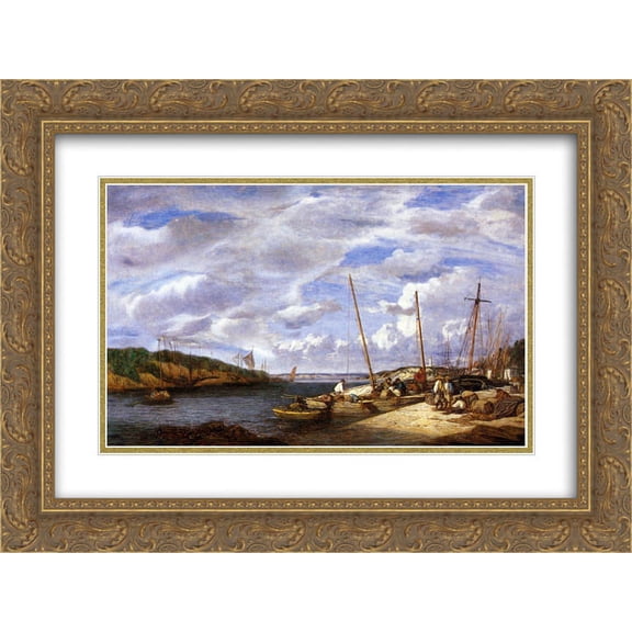 Eugene Boudin 2x Matted 24x18 Gold Ornate Framed Art Print 'Douarnenez, Fishing Boats at Dockside'