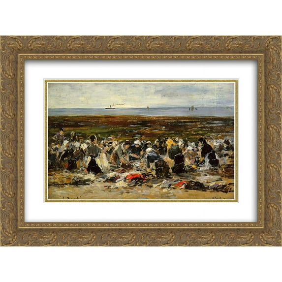 Eugene Boudin 2x Matted 24x18 Gold Ornate Framed Art Print 'Laundresses on the beach, Low tide'