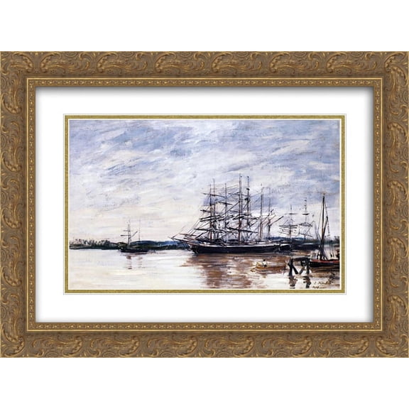 Eugene Boudin 2x Matted 24x18 Gold Ornate Framed Art Print 'Three Masted Ship in Port, Bordeaux'