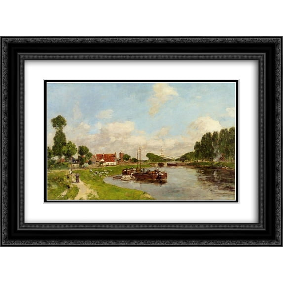 Eugene Boudin 2x Matted 24x20 Black Ornate Framed Art Print 'Barges on the canal at Saint-Valery-sur-Somme'
