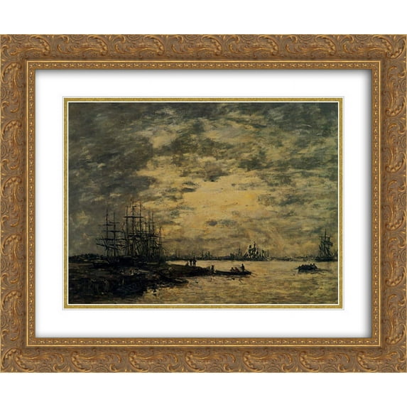 Eugene Boudin 2x Matted 24x20 Gold Ornate Framed Art Print 'Bordeaux, Boats on the Garonne'
