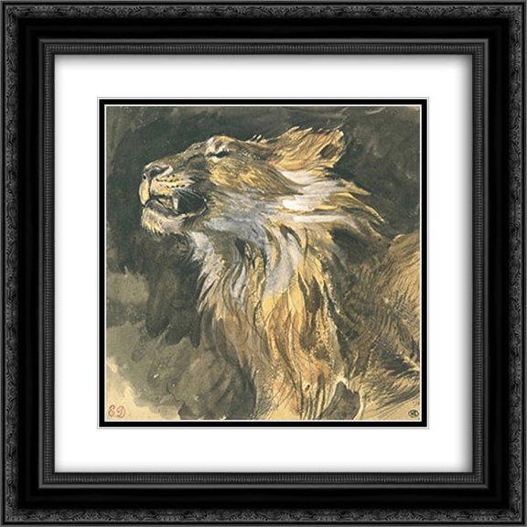Eugene Delacroix 2x Matted 22x20 Black Ornate Framed Art Print 'Roaring lion's head'