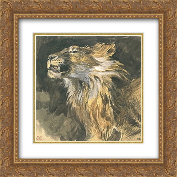 Eugene Delacroix 2x Matted 22x20 Gold Ornate Framed Art Print 'Roaring lion's head'