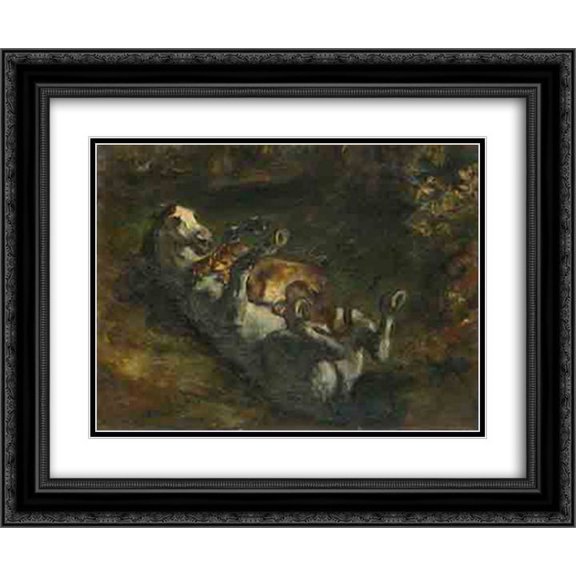 Eugene Delacroix 2x Matted 24x20 Black Ornate Framed Art Print 'Horse Attacked by Lioness'