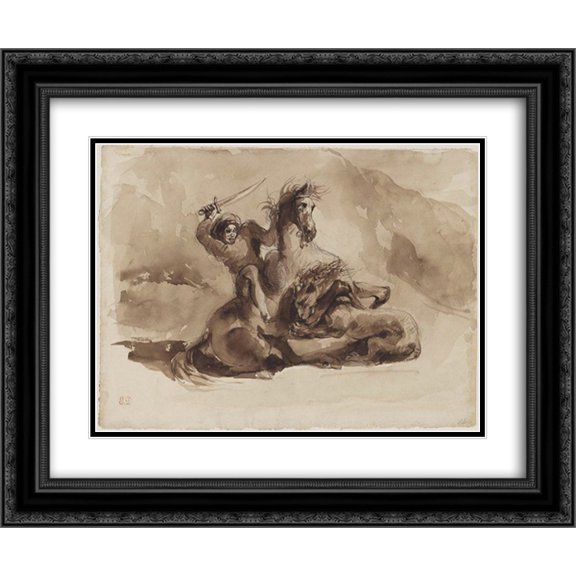 Eugene Delacroix 2x Matted 24x20 Black Ornate Framed Art Print 'Horse and Rider Attacked by a Lion'