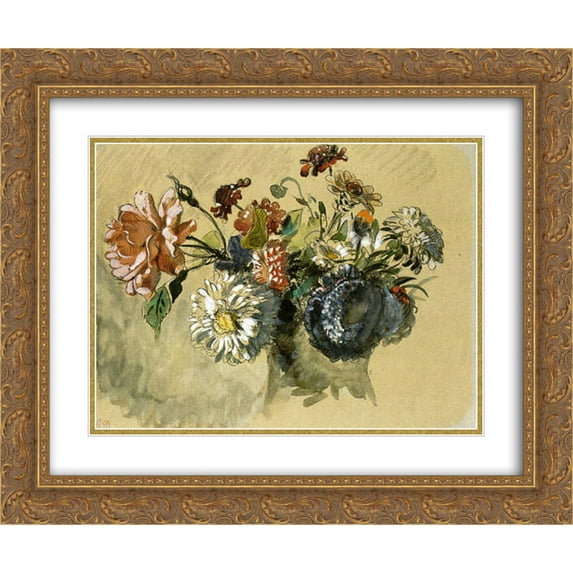 Eugene Delacroix 2x Matted 24x20 Gold Ornate Framed Art Print 'Bouquet of Flowers'