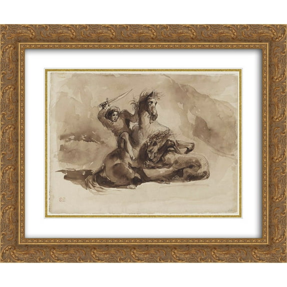 Eugene Delacroix 2x Matted 24x20 Gold Ornate Framed Art Print 'Horse and Rider Attacked by a Lion'
