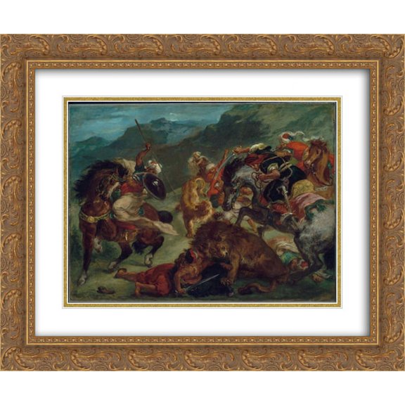 Eugene Delacroix 2x Matted 24x20 Gold Ornate Framed Art Print 'Lion Hunt'