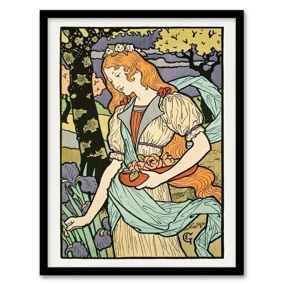 Eugene Grasset Salon des Cent Woman Picking Flowers Framed Wall Art Print A4