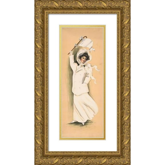 Eugenia Fidler 10x18 Gold Ornate Wood Frame and Double Matted Museum Art Print Titled - Woman in White Dress and Coat Waving White Flag (1909)