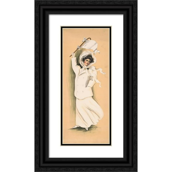 Eugenia Fidler 12x24 Black Ornate Framed Double Matted Museum Art Print Titled: Woman in White Dress and Coat Waving White Flag (1909)
