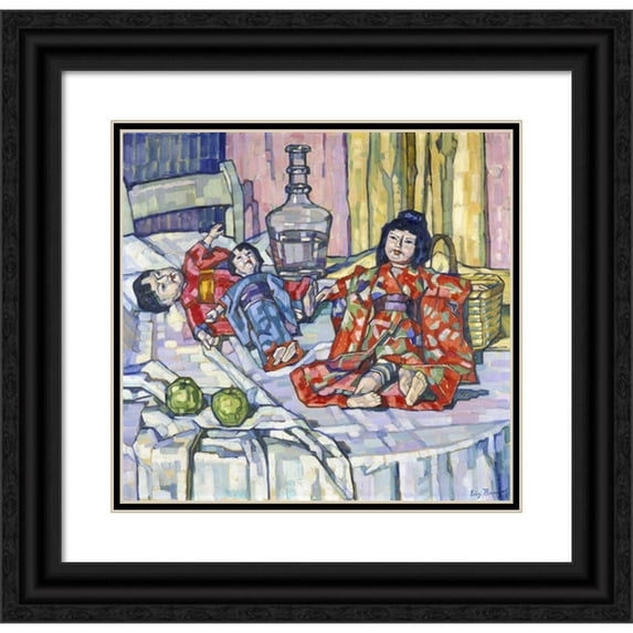 Eugenie Bandell 13x12 Black Ornate Wood Framed Double Matted Museum Art Print Titled: Japanese Dolls with Apples (1915)