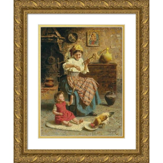 Eugenio Zampighi 12x14 Gold Ornate Wood Frame and Double Matted Museum Art Print Titled - Spinning in the Kitchen