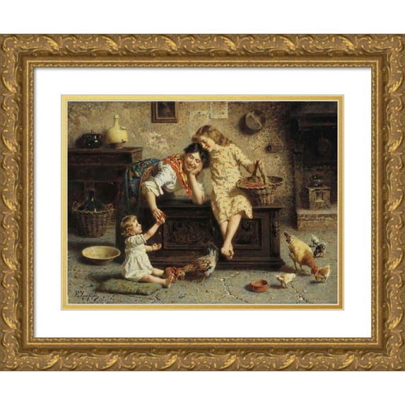 Eugenio Zampighi 18x14 Gold Ornate Wood Frame and Double Matted Museum Art Print Titled - A Treat for Baby