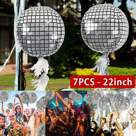 Eummy 7Pcs Disco Ball Balloon, Disco Foil Balloon, Round Metallic Disco Mirror Balloon, 4D Sphere Silver Foil Balloon for Disco Dance Birthday 22in