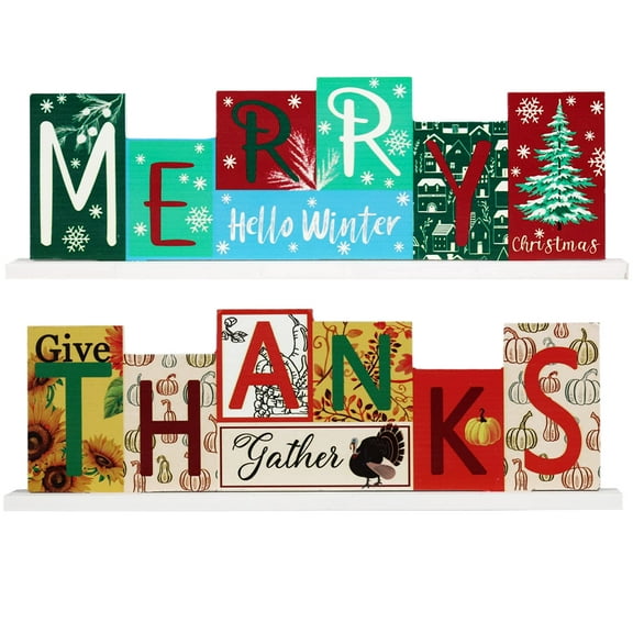 Eummy Double-Sided Festive Wooden Sign Wood Block Set Fall and Halloween Decoration Thanksgiving and Christmas Sign for Room Table Home