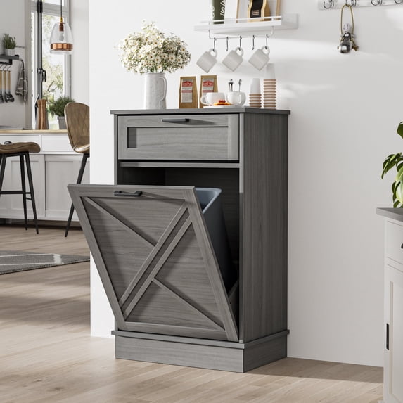 Eumyviv Tilt Out Trash Cabinet, 10 Gallon Gray Kitchen Bin Holder, Easy-Grip Handle 35° Tilt Door to Keep Kids & Pets Out, Modern Hide Garbage Can Storage for Kitchen Bathroom H0130