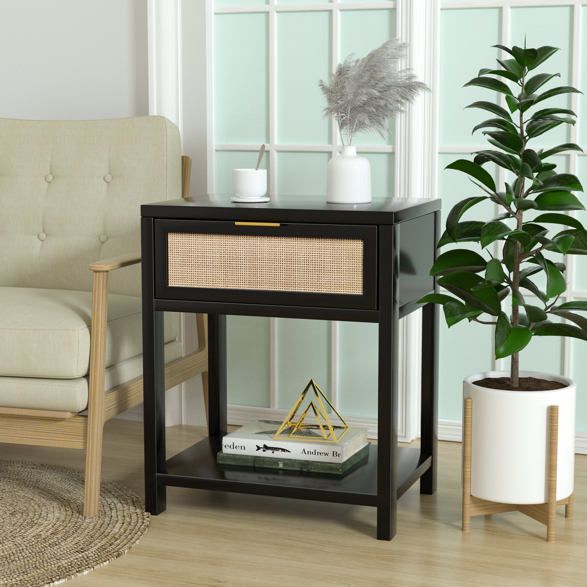 Black Wood Nightstand with Rattan Drawer and Shelf