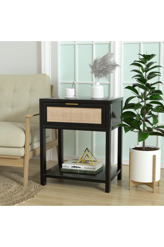Mid-Century Modern Wooden Nightstand with Rattan Storage Drawer, Black Finish, 24" H