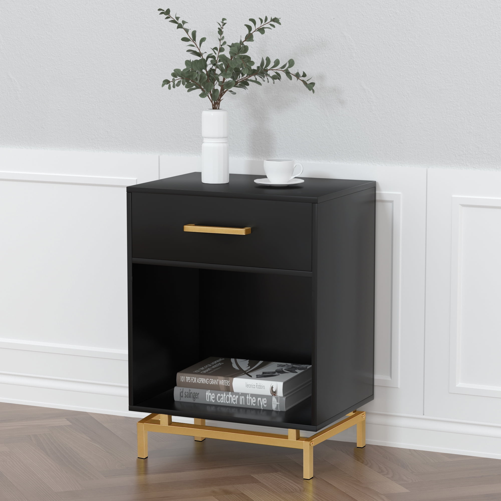 Eumyviv 25" H MidCentury Wood Nightstands with Drawer, Black