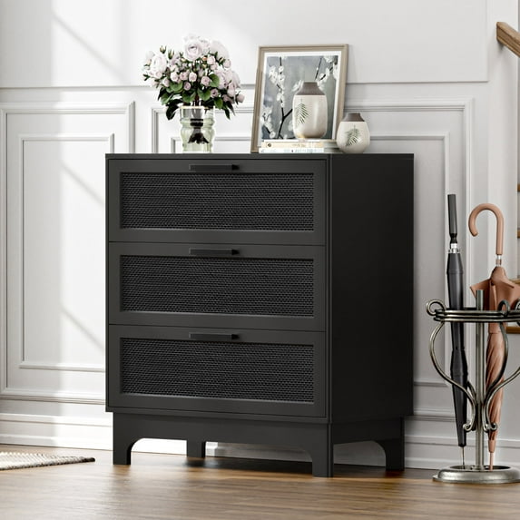 Eumyviv 3-Drawer Chest of Drawers, Wood Dresser with 3 Drawers Black Rattan Dresser for Bedroom Living Room, Black H0096