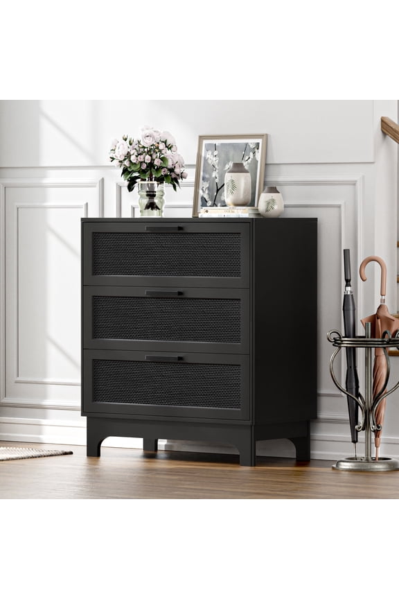 Mid Century 3-Drawer Chest, Solid Wood MDF Dresser with Black Rattan for Bedroom Living Room