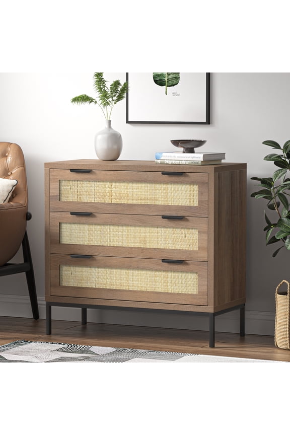 Mid-Century 3-Drawer Dresser, Rustic Wood Chest for Bedroom Living Room, Oak