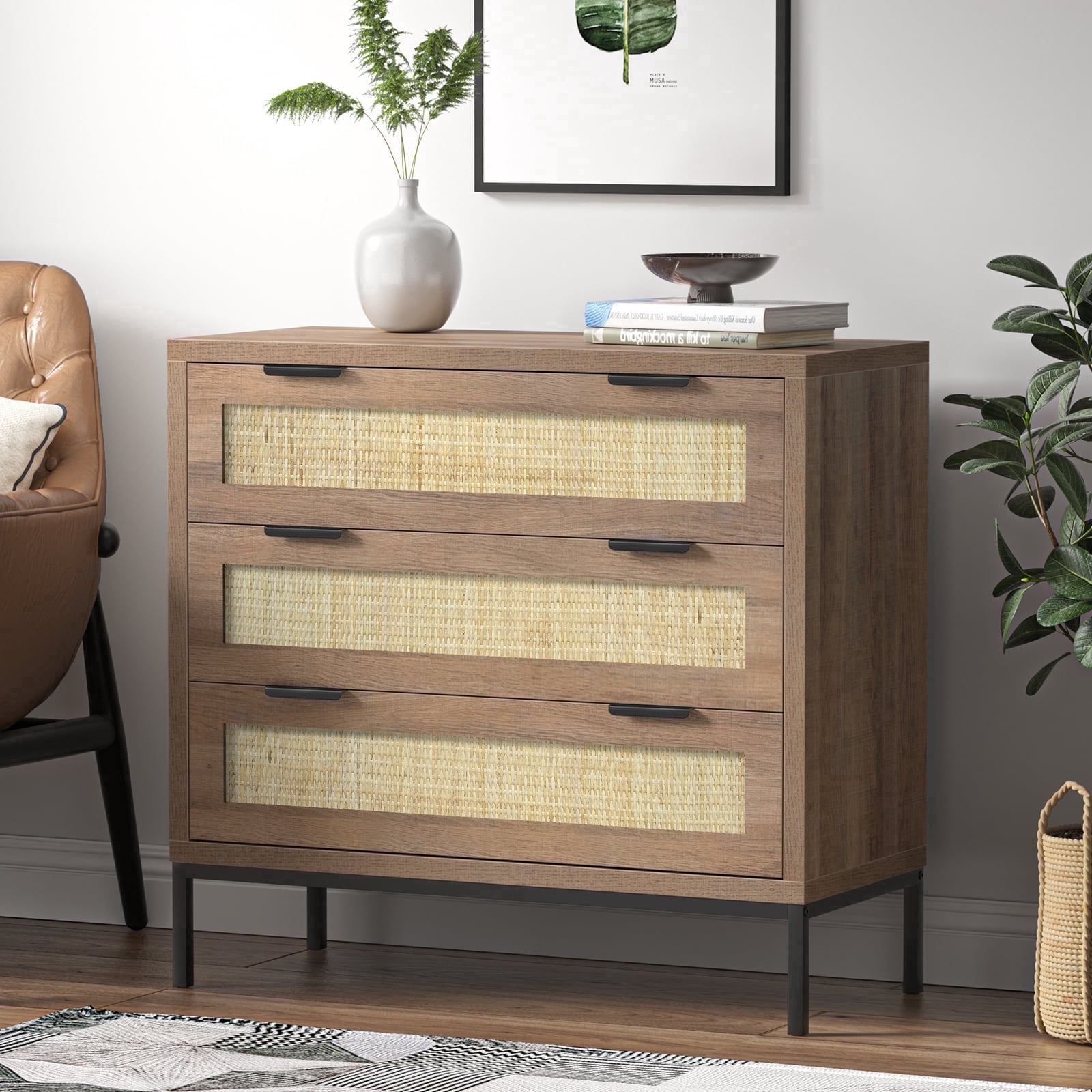 Eumyviv Mid-Century 3-Drawer Dresser, Rustic Wood Chest for Bedroom Living Room, Oak