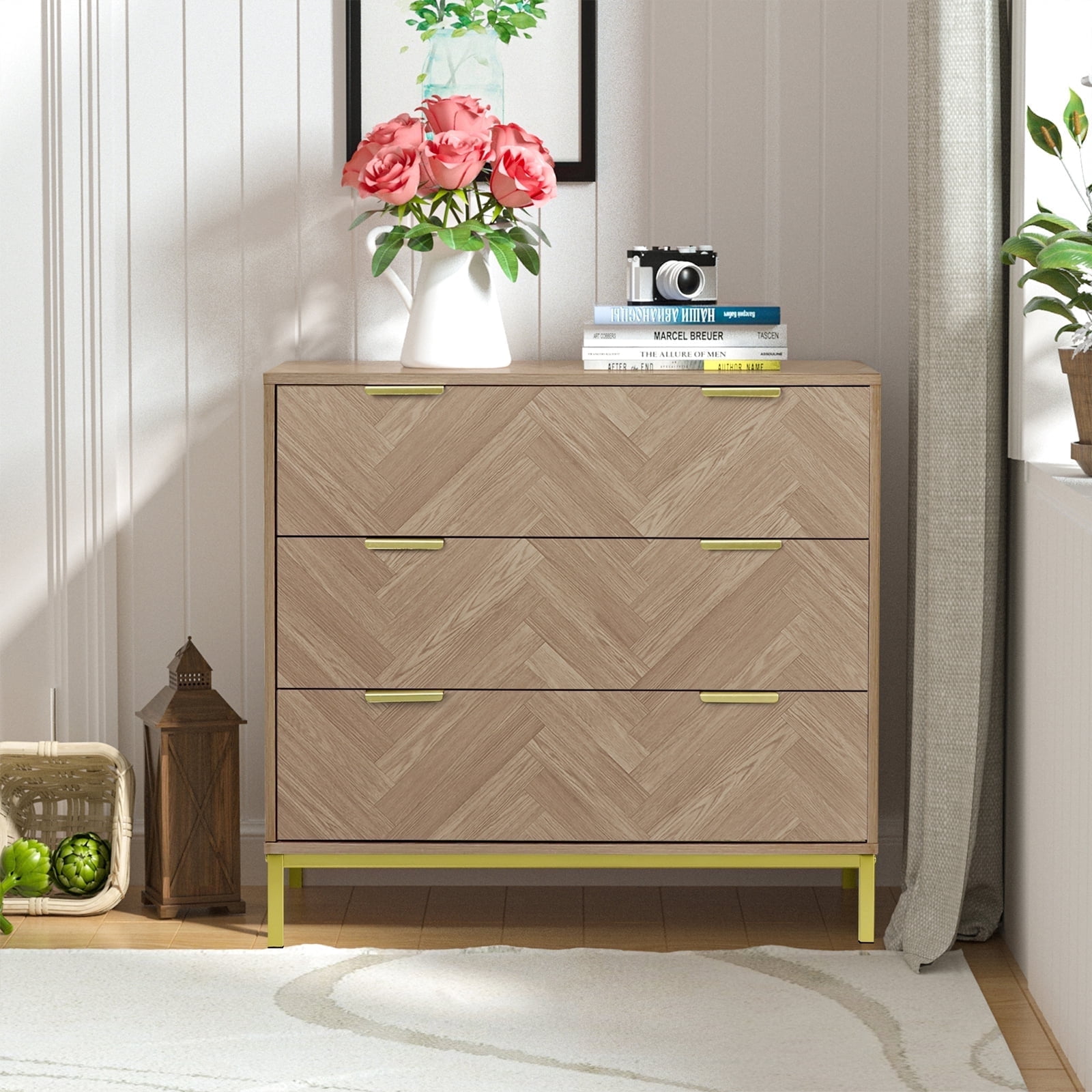 Eumyviv 3 Drawer Dresser, Oak Dresser Chest of Drawers Nightstand Storage Dresser for Living Room Bedroom Hallway, Oak H0037