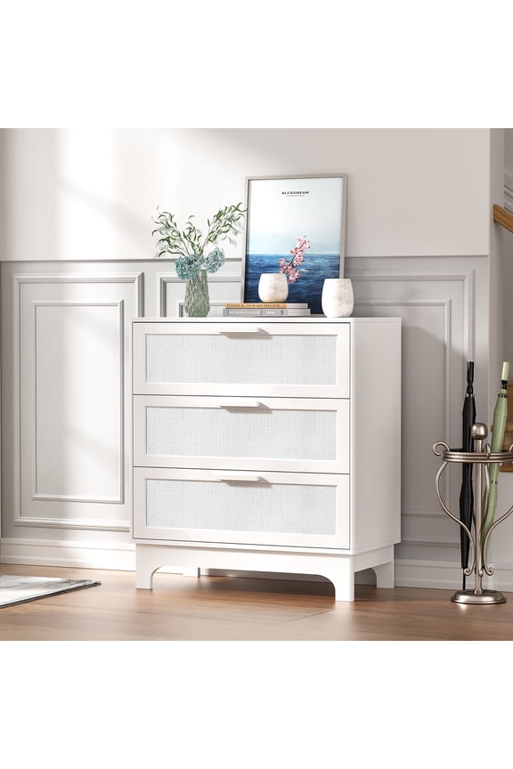 3 Drawer Dresser, White Rattan Dresser for Bedroom Chest of Drawers for Living Room Bedroom, White H0151