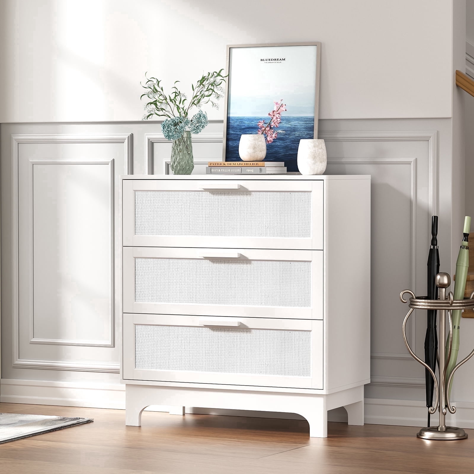 Eumyviv 3 Drawer Dresser, White Rattan Dresser for Bedroom Chest of Drawers for Living Room Bedroom, White H0151