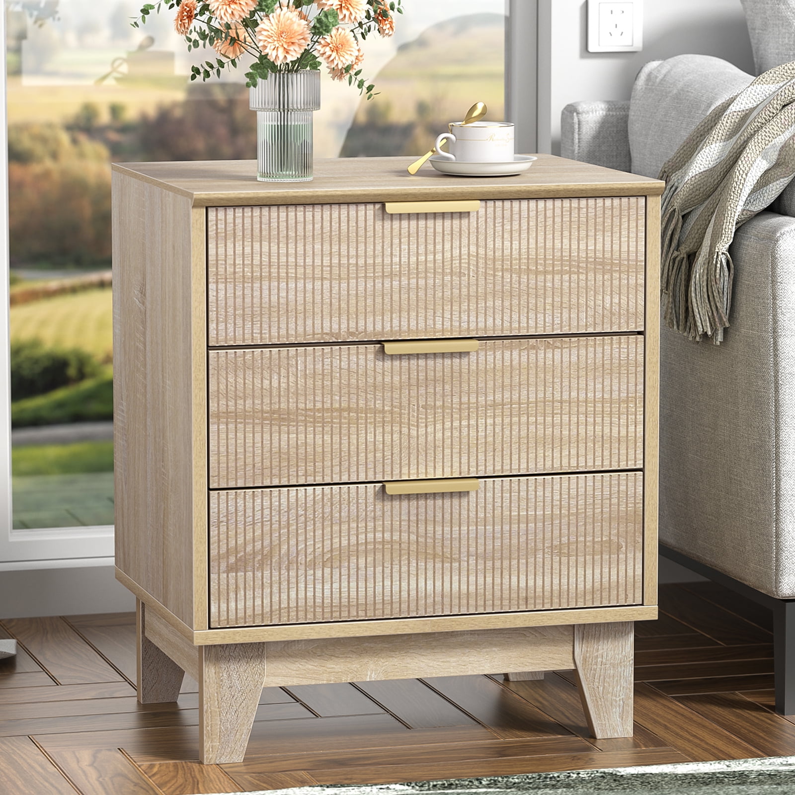 Eumyviv 3 Drawer Nightstand, Wood Beside Table Farmhouse Side