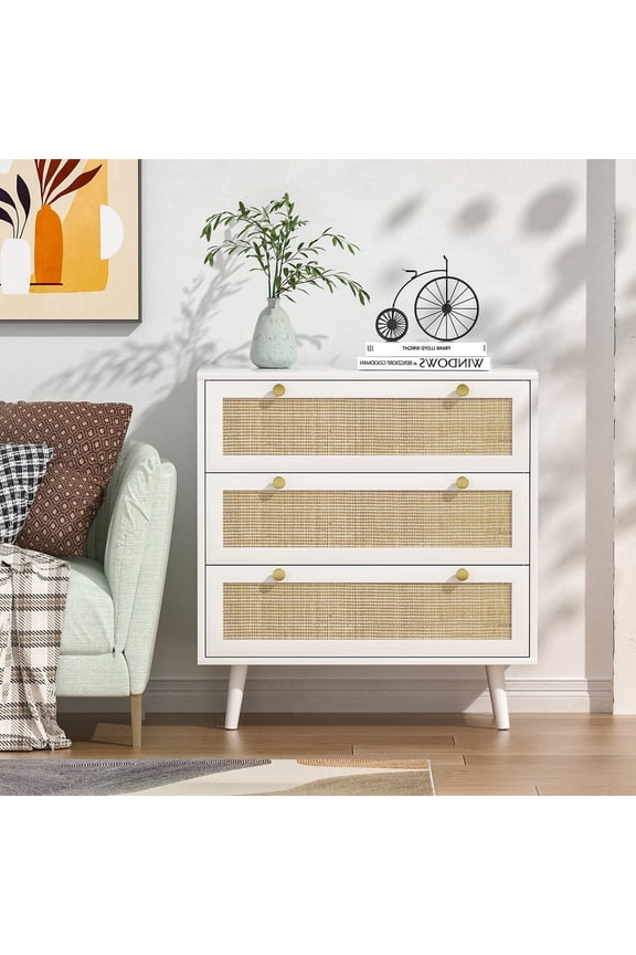 3 Drawer Rectangle Dresser, Rustic Rattan Cabinet, White Bedside Table, White H0072