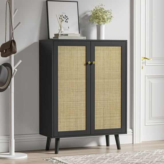 Eumyviv Two Door Wicker Cabinet with Four Tier Storage Space Minimalist Design Rattan Wood Grain Decor Premium Materials