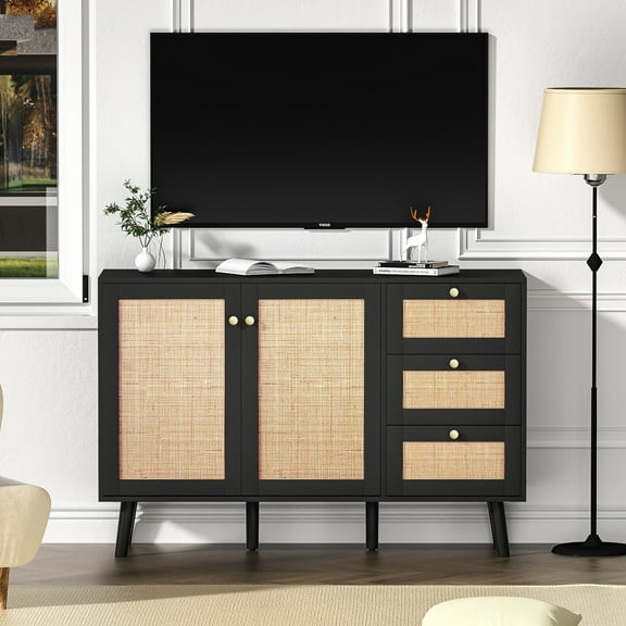 Eumyviv Accent Storage Cabinet with 2 Doors and 3 Drawers, Sideboard Buffet Cabinet with Rattan Design for Living Room Dining Room Hallway Kitchen, Black H0102