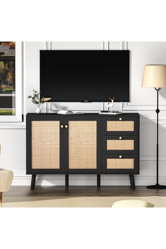 Accent Storage Cabinet with 2 Doors and 3 Drawers, Sideboard Buffet Cabinet with Rattan Design for Living Room Dining Room Hallway Kitchen, Black H0102