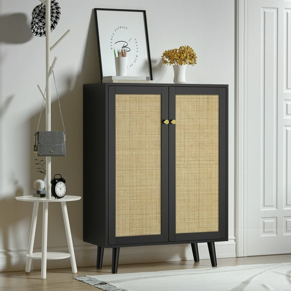 Eumyviv Accent Storage Cabinet, Sideboard Buffet Cabinet with Decorated Rattan Door and Adjustable Shelf for Living Room Kitchen Entryway，Black H0091