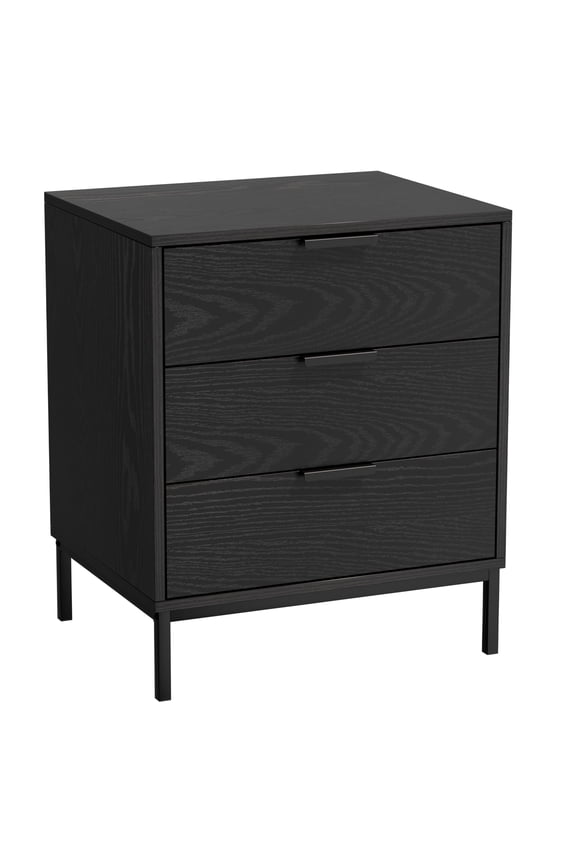 1.Eumyviv Black Nightstand with 3 Drawers, Modern Bedside Table, Smooth Gliding Rails & Wall-Anchor Kit for Safety, Sturdy Wood Grain Finish for Bedroom H0147