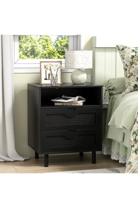 Black Rattan Nightstand, Wood Beside Table with 2 Drawers and One Shelf Farmhouse Side Table for Bedroom Living Room, Black GT022