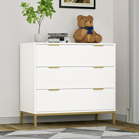 Eumyviv Chest of Drawers with Gold Handles Mid Century Modern 3-Drawer Storage Dresser for Bedroom Living Room, White H0074