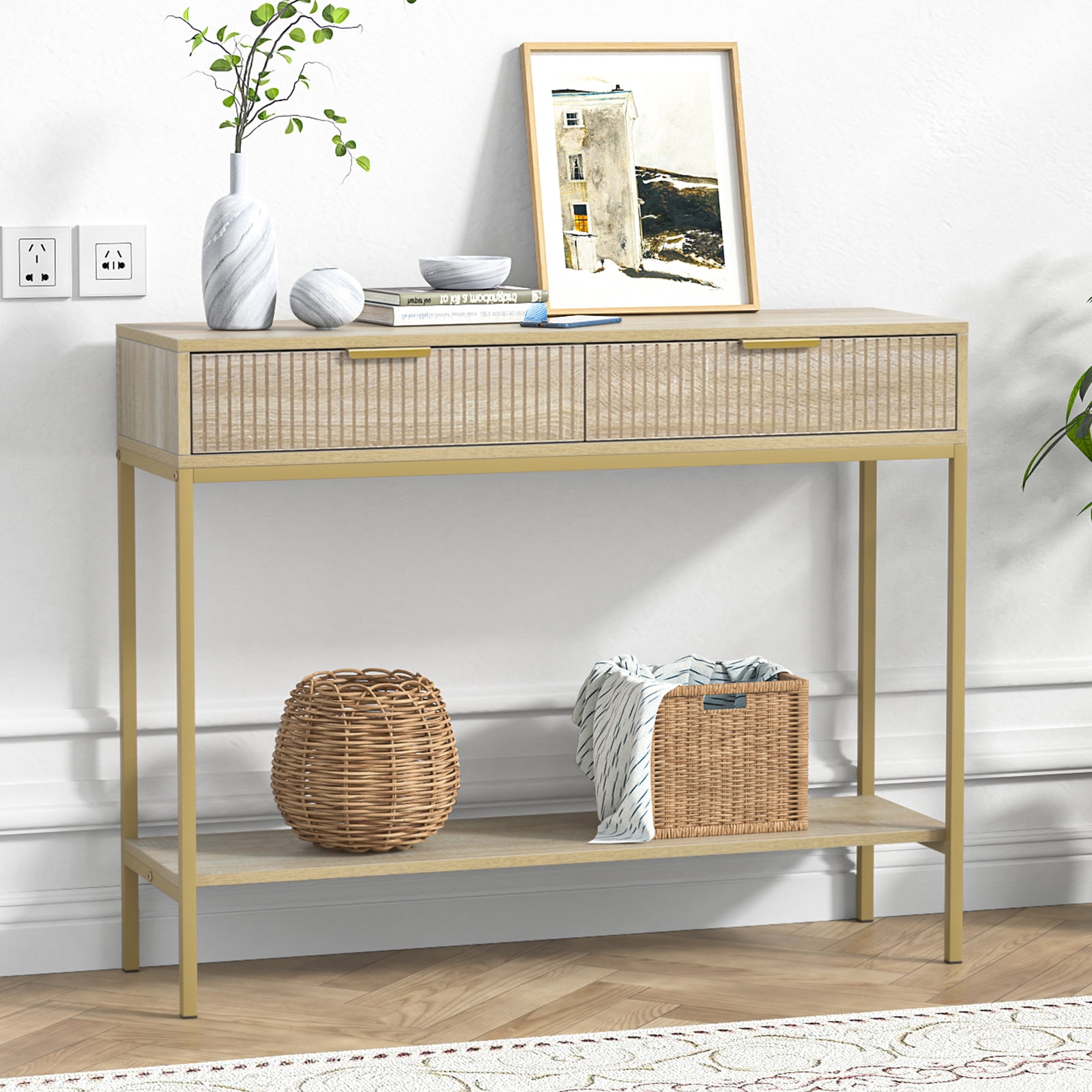 Eumyviv Farmhouse  Console Table Entryway Table with One Open Shelf  with 2 Drawers for Hallway, Living room, Oak H0117
