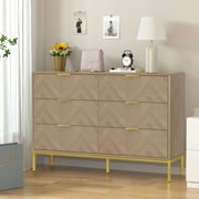 Eumyviv Mid-Century 6-Drawers Dresser Chest, Herringbone Dresser for Bedroom Living Room, Natural Oak H0098