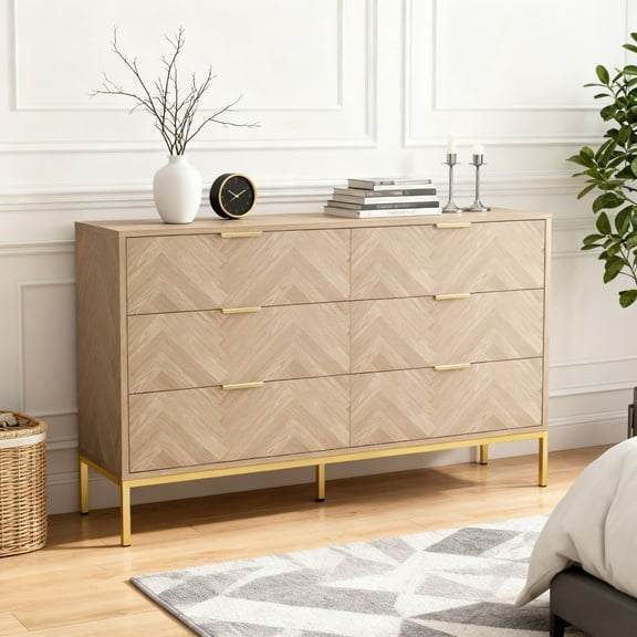 Eumyviv Mid-Century 6-Drawers Dresser Chest, Herringbone Dresser for Bedroom Living Room, Natural Oak H0098