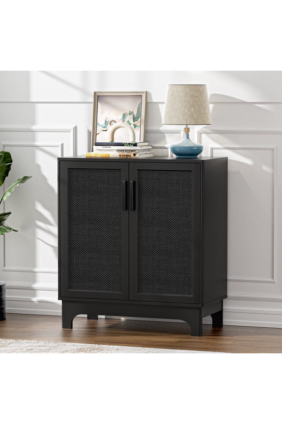 Mid Century Storage Cabinet, Rattan Buffet Sideboard with 2 Doors for Kitchen, Living Room, Bedroom, Hallway, Black H0095