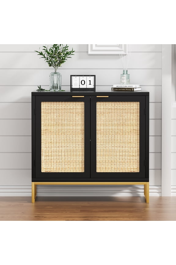 Modern Accent Sideboards Cabinets with 2 Rattan Doors, Mid-Century Buffets Storage Credenzas for Bedroom Living Room, Black H0046