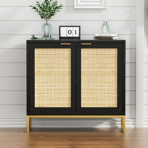 Eumyviv Modern Accent Sideboards Cabinets with 2 Rattan Doors, Mid-Century Buffets Storage Credenzas for Bedroom Living Room, Black H0046