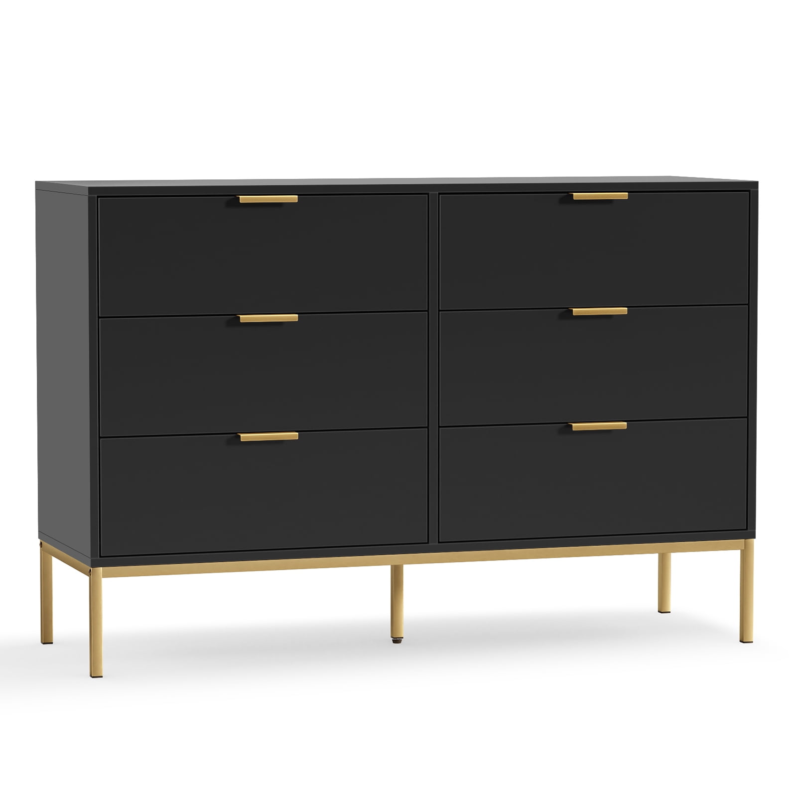 Eumyviv Modern Chest of Drawers with Gold Handles Mid Century Modern 6-Drawer Storage Dresser for Bedroom Living Room, Black H0123