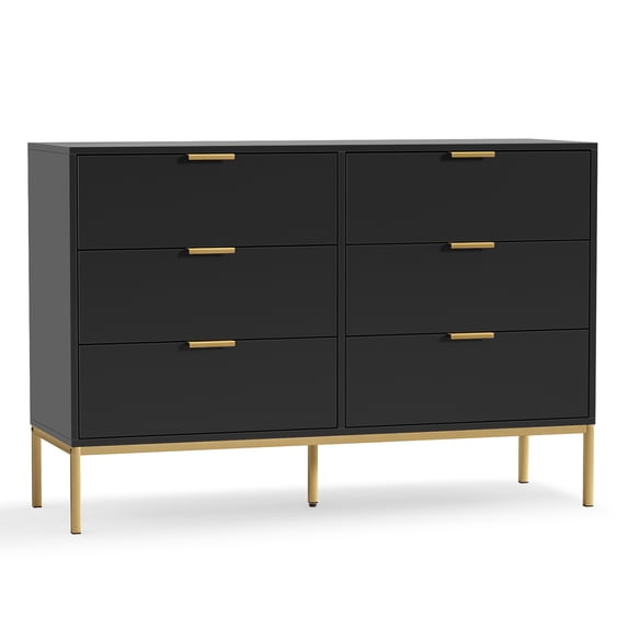 Eumyviv Modern Chest of Drawers with Gold Handles Mid Century Modern 6-Drawer Storage Dresser for Bedroom Living Room, Black H0123